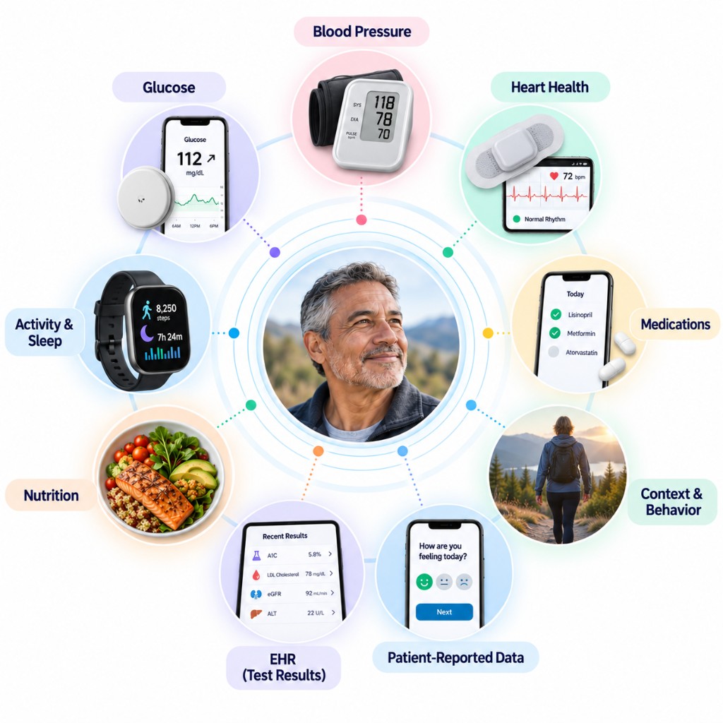 Every signal that matters — health data inputs surrounding a patient