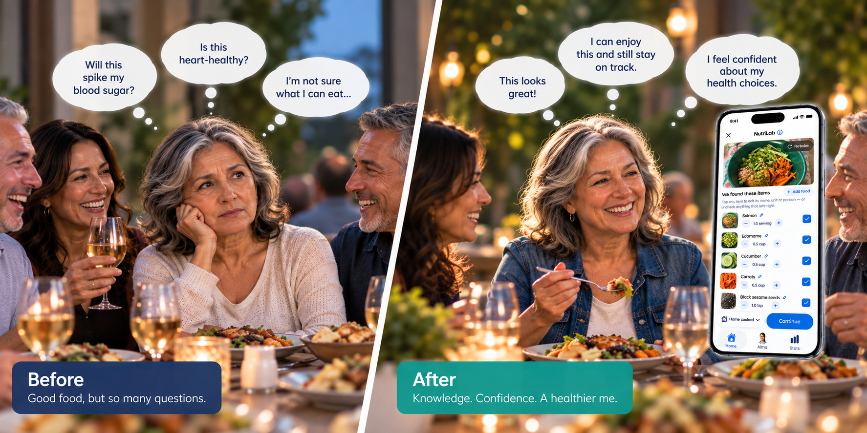 Before: a woman uncertain about food choices — After: the same woman confident at dinner with NutriLab guidance